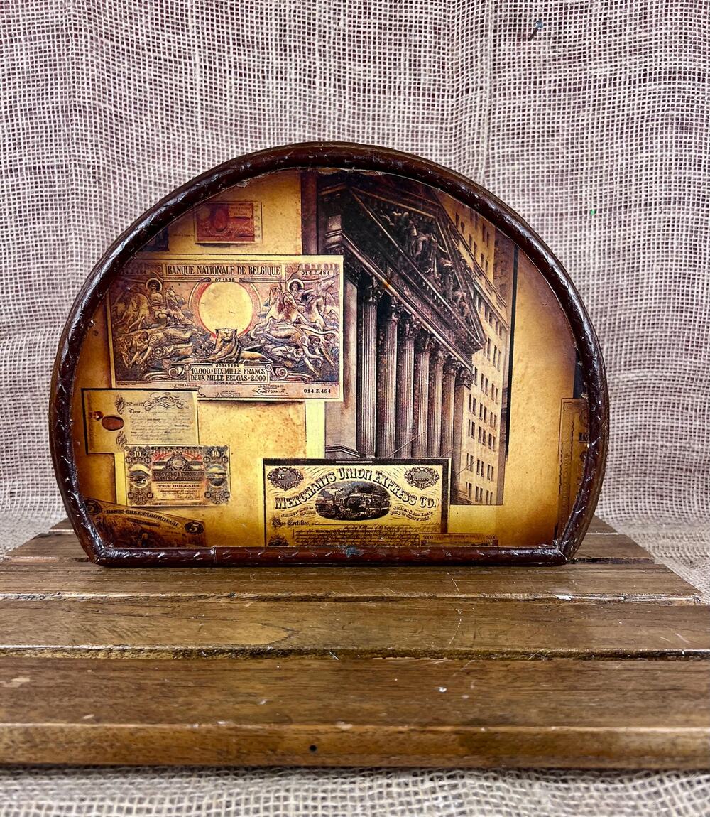 Vintage Decoupage Carrying Box with Brass Handle and Closure~Storage Box~